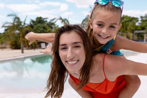 Portrait Happy Biracial Mother Daughter Playing Swimming Pool Spending Quality — Stock Photo, Image