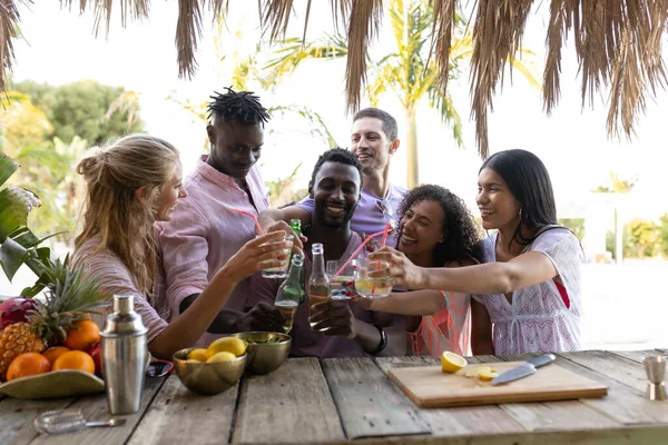Счастливые Разнообразные Друзья Устраивают Вечеринки Пляже Произносят Тост Проведение Качественного — стоковое фото