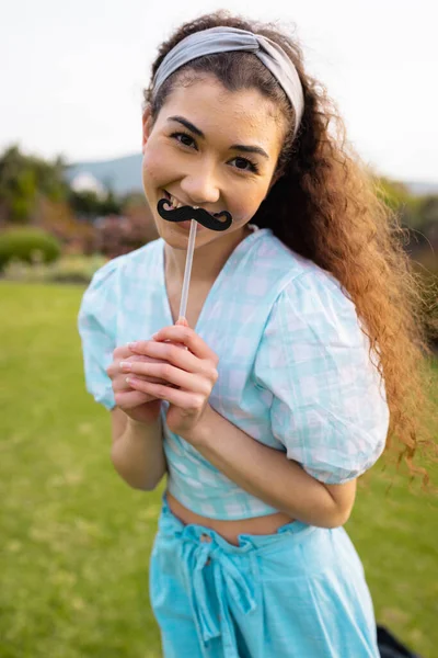 Portrait Happy Caucasian Woman Fake Moustache Wedding Day Friendship Inclusivity — Stock Photo, Image