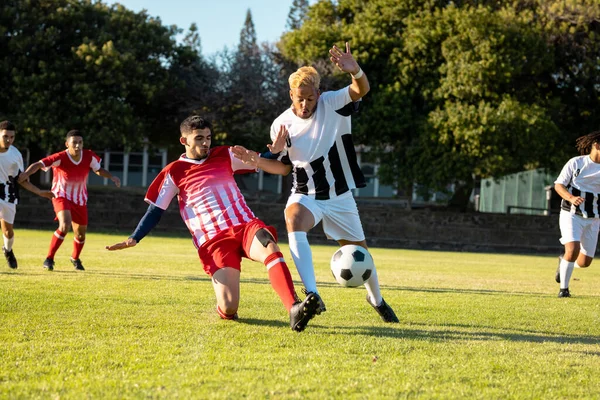 Male Multiracial Players Running Kicking Soccer Ball Match Playground Summer — Stock Photo, Image