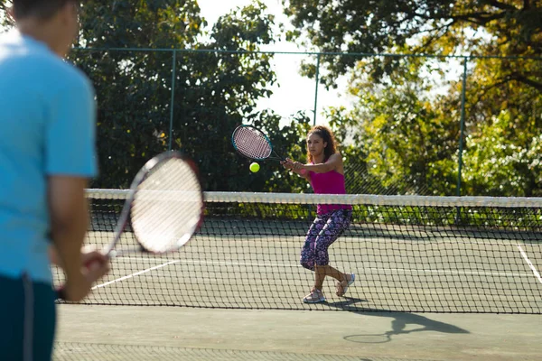 Image Diverse Couple Playing Tennis Love Relationship Spending Active Quality — Stock Photo, Image