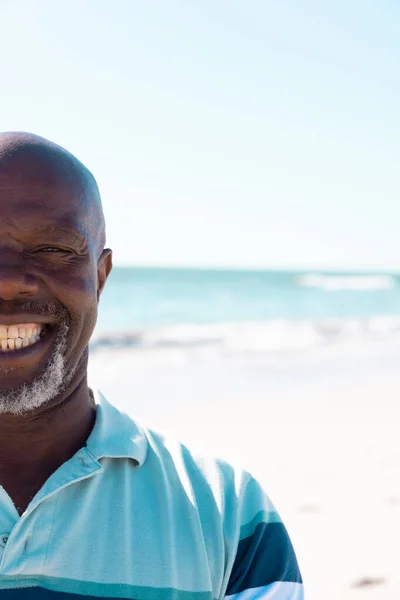 Beskuren Bild Leende Afrikansk Amerikansk Skallig Senior Man Mot Scenisk — Stockfoto