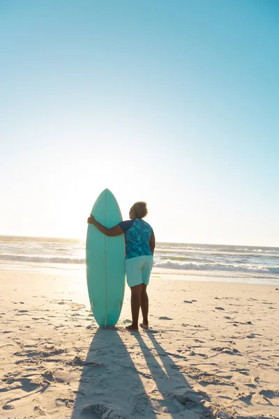 Rear View African American Senior Woman Surfboard Looking Sea Blue — Stock Photo, Image
