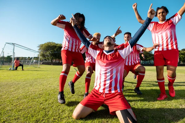 Multiracial Team Arms Raised Running Cheerful Player Screaming Kneeling Land — Stock Photo, Image