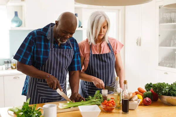 台所でエプロンと料理を身に着けている幸せな高齢者の多様なカップル 家庭や退職のコンセプトで質の高い時間を過ごす — ストック写真