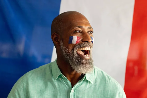Happy Senior African American Man Sitting Flag France Football Spending — Stock Photo, Image