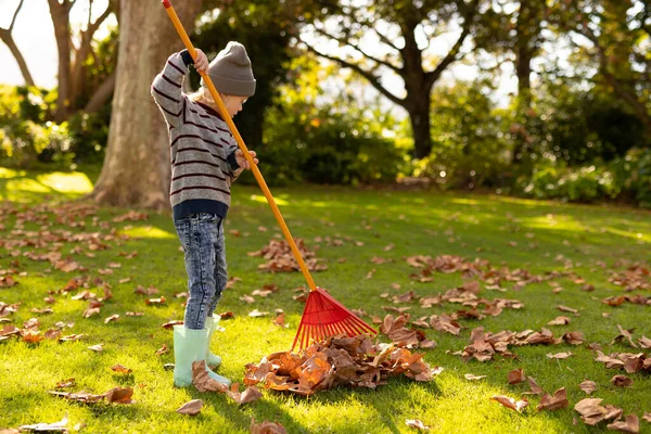 秋の庭で葉をスワイプする幸せな白人の少年のイメージ 子供時代 楽しさ 秋と屋外の概念を過ごす — ストック写真