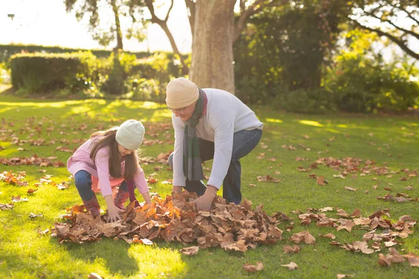 정원에서 나뭇잎을 까딱거리는 코카서스 할아버지와 손녀의 질높은 시간을 보내는 — 스톡 사진