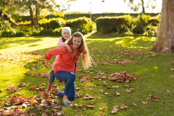 Image Happy Caucasian Mother Daughter Autumn Garden Family Spending Quality — Stock Photo, Image