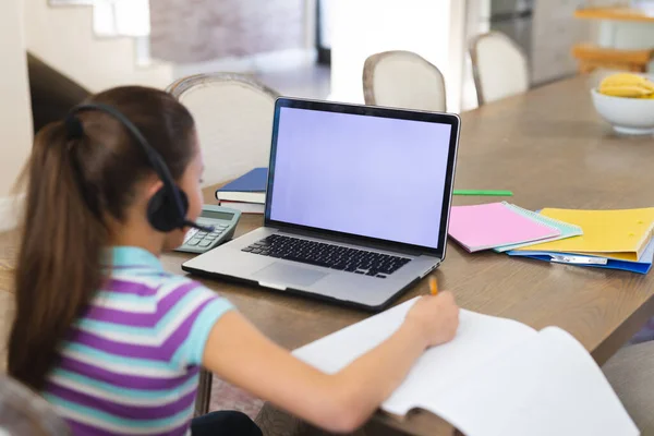 Caucasian Girl Learning Using Laptop Copy Space Headphones Living Room — Stock Photo, Image