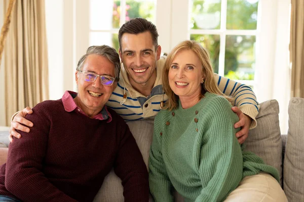 Image Happy Caucasian Parents Adult Son Siting Sofa Smiling Family — Stock Photo, Image