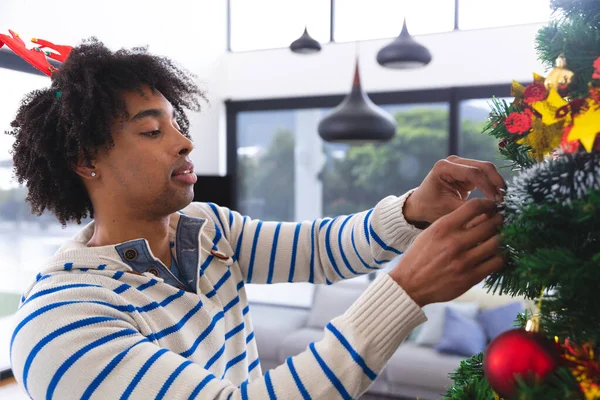 Happy African American Man Decorating Christmas Tree Living Room Spending — Stock Photo, Image