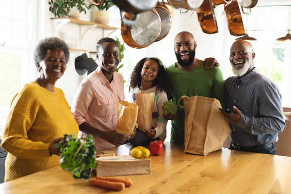 Mutfakta Alışveriş Torbaları Olan Mutlu Bir Afro Amerikan Ailesinin Resmi — Stok fotoğraf