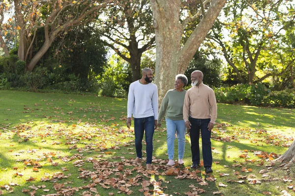Зображення Щасливих Батьків Афроамериканців Сина Дорослого Які Ходять Саду Сім — стокове фото