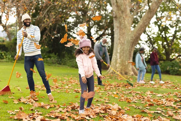 정원에서 나뭇잎을 까딱거리는 아프리카 미국인 세대의 질높은 시간을 보내는 — 스톡 사진