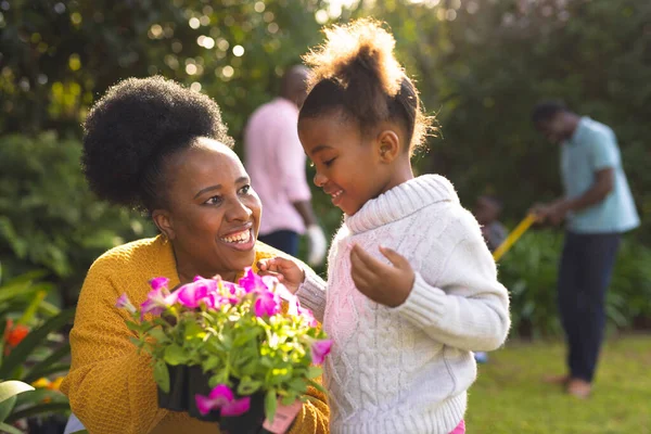 Família Afro Americana Passar Tempo Juntos Jardim Jardinagem Tempo Família — Fotografia de Stock