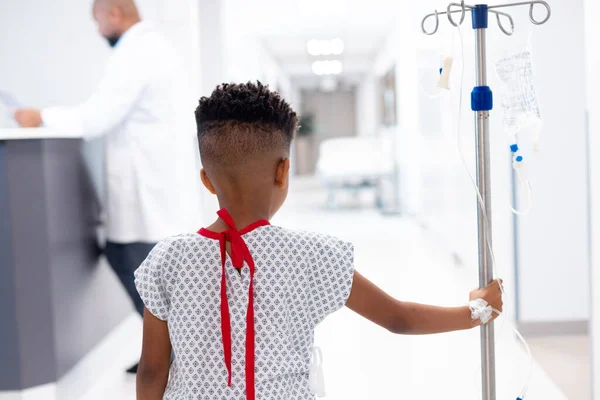 Rear View African American Boy Patient Walking Drip Stand Hospital — Stock Photo, Image