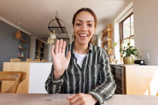Happy Biracial Woman Having Video Call Spending Quality Time Home — Stock Photo, Image