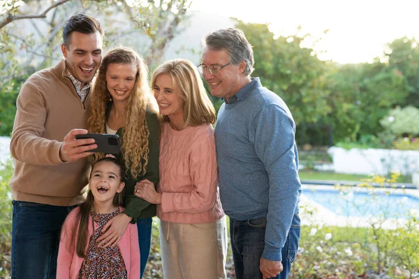 Image Happy Multi Generation Caucasian Family Taking Selfie Dinner Patio — Stock Photo, Image
