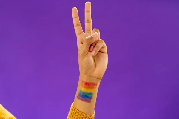 Close Biracial Man Showing Sign Lgbt Flag Arm Purple Background — Stock Photo, Image