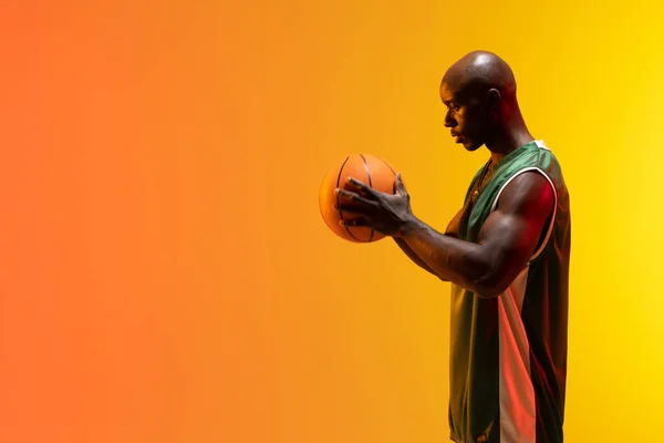 Image African American Basketball Player Basketball Neon Orange Background Sports — Stock Photo, Image