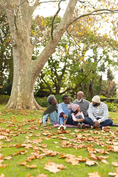 秋の庭で幸せなアフリカ系アメリカ人の複数世代の家族の垂直画像 家族と一緒に質の高い時間を過ごすコンセプト — ストック写真