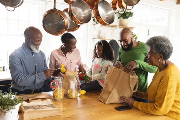 幸せなアフリカ系アメリカ人の複数世代の家族のイメージショッピングバッグを展開 家族と一緒に質の高い時間を過ごすコンセプト — ストック写真