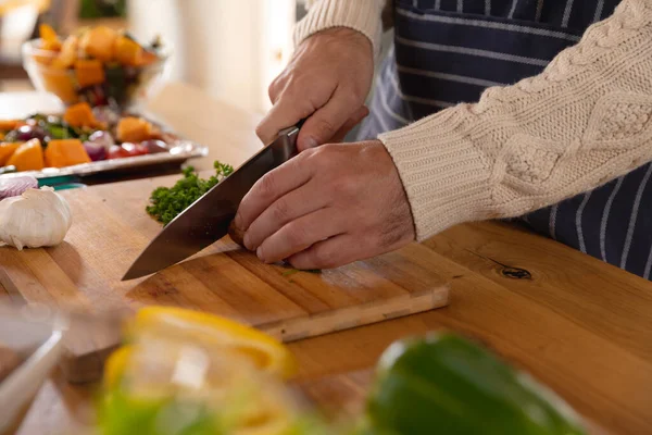 Midsection Caucasian Man Preparing Food Chopping Vegetables Wearing Apron Kitchen — Stock Photo, Image