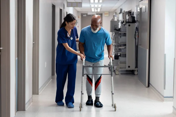 Çeşitli Kadın Doktorlar Yaşlı Erkek Hastaların Hastane Koridorunda Yürüme Iskeletini — Stok fotoğraf