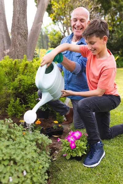 Caucasian Grandfather Grandson Spending Time Together Garden Planting Family Time — Stock Photo, Image