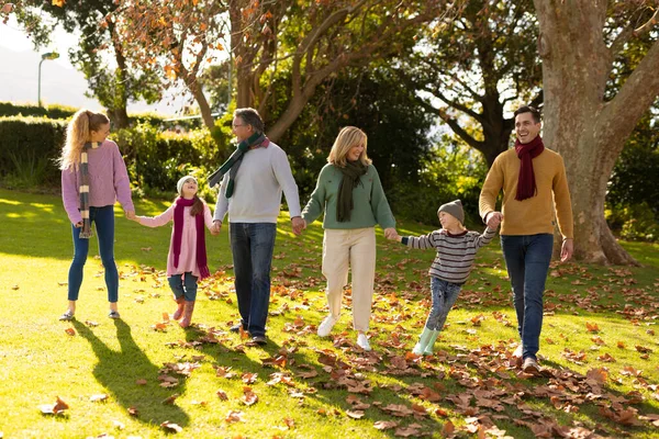 Image Nappy Multi Generation Caucasian Family Spending Time Autumn Garden — Stock Photo, Image