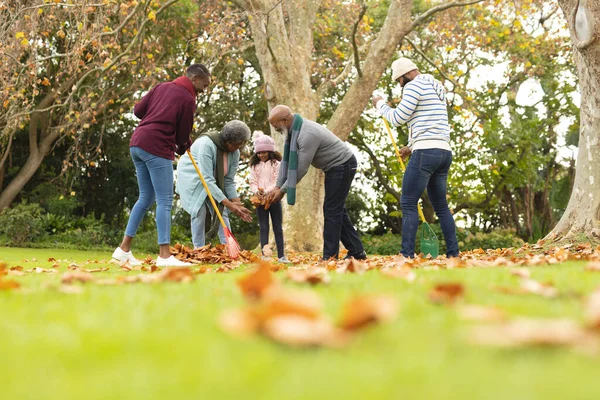 Bild Lycklig Afrikansk Amerikansk Flera Generationer Familj Svepande Löv Höst — Stockfoto