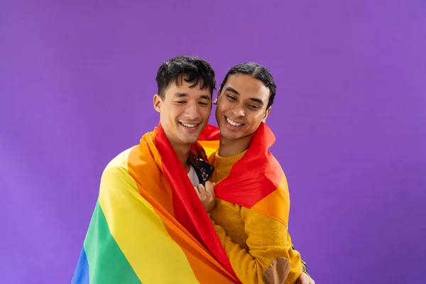 Portrait Happy Biracial Male Couple Embracing Holding Lgbt Flag Purple — Stock Photo, Image