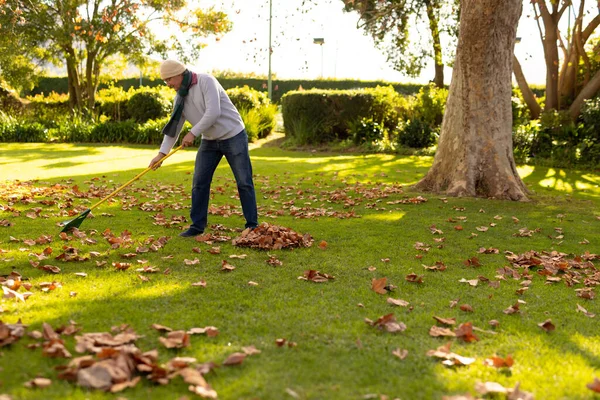 秋の庭で葉をスワイプするシニア白人男性のイメージ 生活様式 秋と家や庭で時間を過ごす — ストック写真