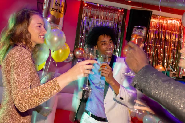Three Happy Diverse Male Female Friends Making Toast Glasses Champagne — Stock Photo, Image