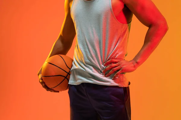 Image Midsection Biracial Basketball Player Basketball Orange Yellow Background Sports — Stock Photo, Image