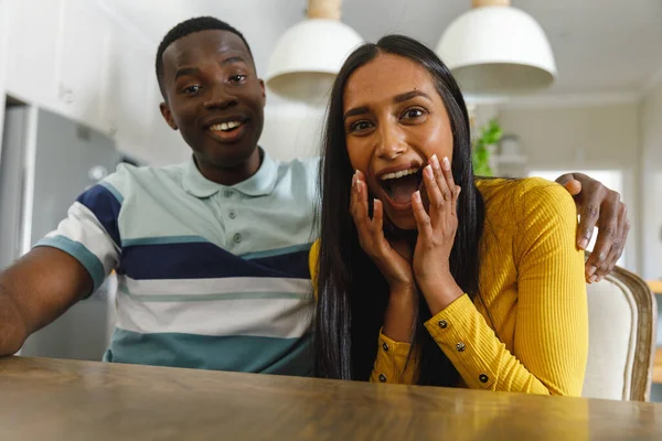 Happy Diverse Couple Making Video Call Smiling Laughing Camera Kitchen — Stock Photo, Image