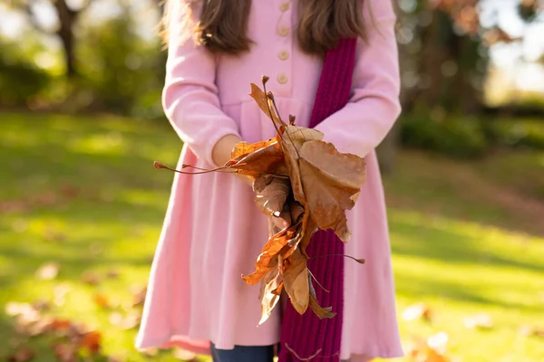 Image Midsection Caucasian Girl Playing Autumn Leaves Garden Childhood Fun — Stock Photo, Image