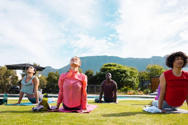 Çeşitli Arkadaşlar Yoga Yapıyor Bahçede Esneme Hareketleri Yapıyor Sağlık Kutlama — Stok fotoğraf