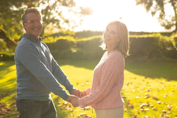 Image Happy Senior Caucasian Couple Holding Hands Garden Family Spending — Stock Photo, Image