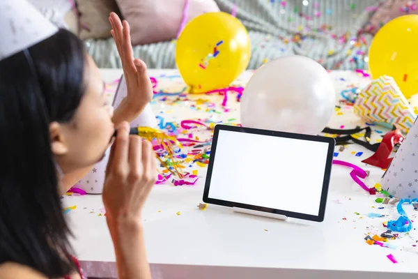 Image Biracial Woman Using Tablet Copy Space Screen Having Party — Stock Photo, Image