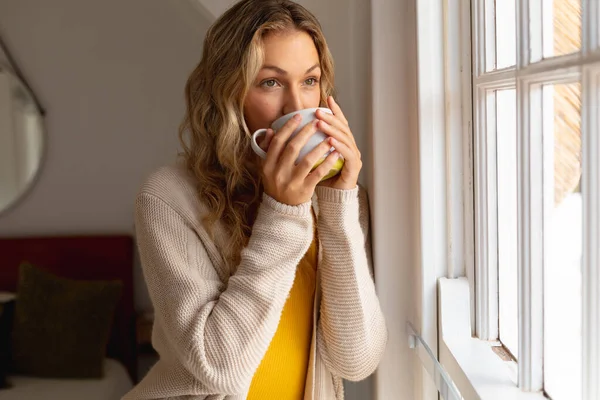 Happy Caucasian Woman Holding Mug Drinking Standing Next Window Spending — Stock Photo, Image
