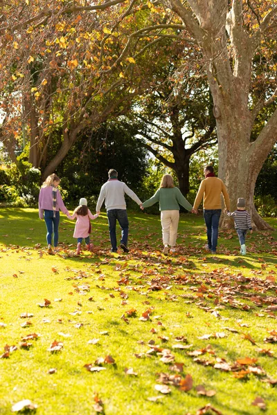 정원에서 시간을 보내는 세대의 코카서스 가족에 수직적 뒷모습 질높은 시간을 — 스톡 사진