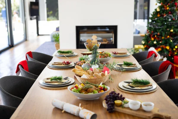 Feche Mesa Com Jantar Decorações Natal Natal Celebração Tradição Festa — Fotografia de Stock