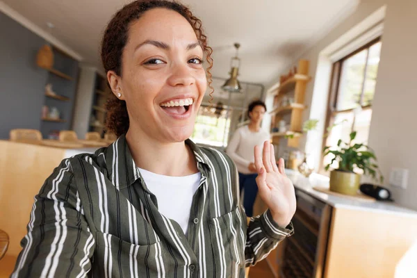 Happy Biracial Woman Having Video Call Spending Quality Time Home — Stock Photo, Image
