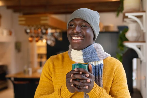 Smiling African American Man Kitchen Wearing Hat Scarf Holding Coffee — Stock Photo, Image