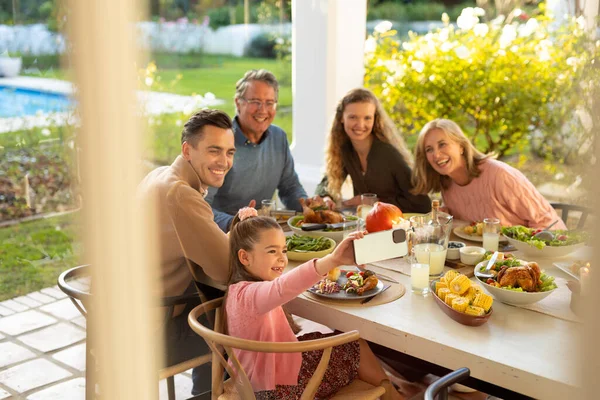 Image Multi Generation Caucasian Family Taking Selfie Outdoor Dinner Family — Stock Photo, Image
