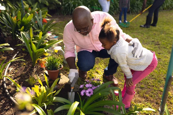 아프리카 미국인 아버지와 정원에서 시간을 보내고 있습니다 — 스톡 사진