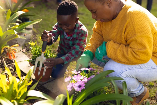 Mãe Filho Afro Americanos Passam Tempo Juntos Jardim Jardinagem Tempo — Fotografia de Stock