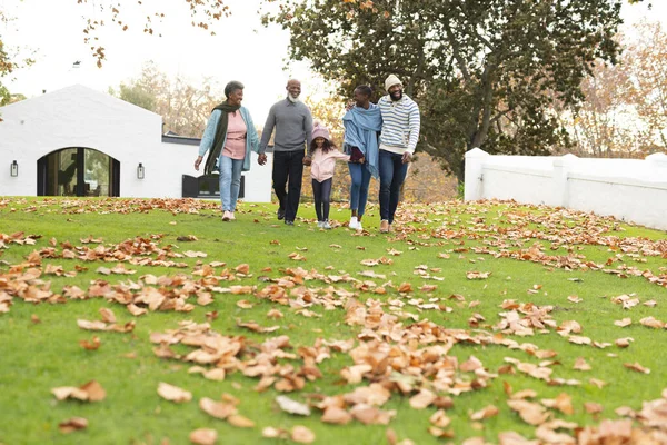 Image Happy Multi Generation African American Family Walking Together Outdoors — Stock Photo, Image